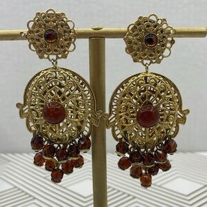 Victorian style clip earrings with amber crystal and acrylic stones